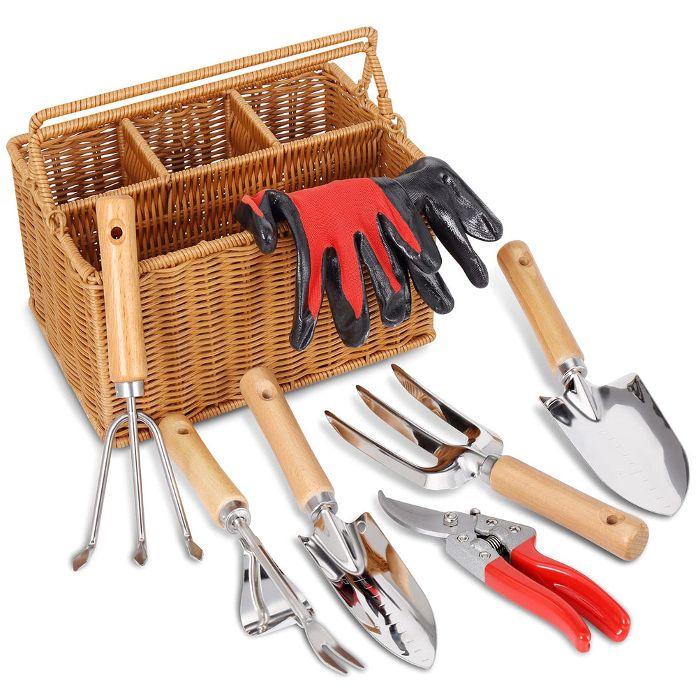 English Elm Gardening 8 Piece Tool Set with Wicker Basket Stainless Steel and Wooden Handles W2181P193843