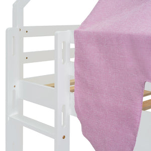 English Elm Twin House Loft Bed with Tent Canopy Slide and Shelves Pinewood Kids Frame White LT000682AAK