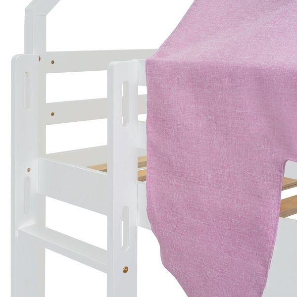 English Elm Twin House Loft Bed with Tent Canopy Slide and Shelves Pinewood Kids Frame White LT000682AAK