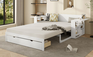 English Elm Full Size Daybed with Hydraulic Desk Armrests Storage Drawer and Sofa Seating White LT000271AAK
