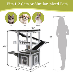 English Elm 4 Tier Outdoor Pine Cat Tower with Waterproof Roof Enclosed Den and Balcony Perch Grey,White N704P436318K