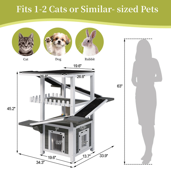 English Elm 4 Tier Outdoor Pine Cat Tower with Waterproof Roof Enclosed Den and Balcony Perch Grey,White N704P436318K
