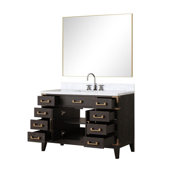 English Elm Brown Oak 48 in Single Bath Vanity with Polished Carrara Marble Top, Chrome Faucet & 46 in Mirror B2731S02014