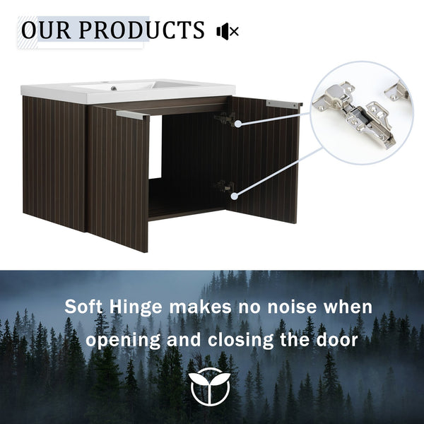 English Elm 30 Inch Silver-Brown Stripe Wall-Mounted Vanity with Mid-Edge Resin Sink, Soft-Close Doors, Ample Storage W999P204951