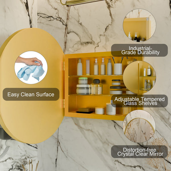 English Elm 23.6 Inch Round Matte Metal Medicine Cabinet with Mirrored Door and Adjustable Shelves Golden W1435P312262