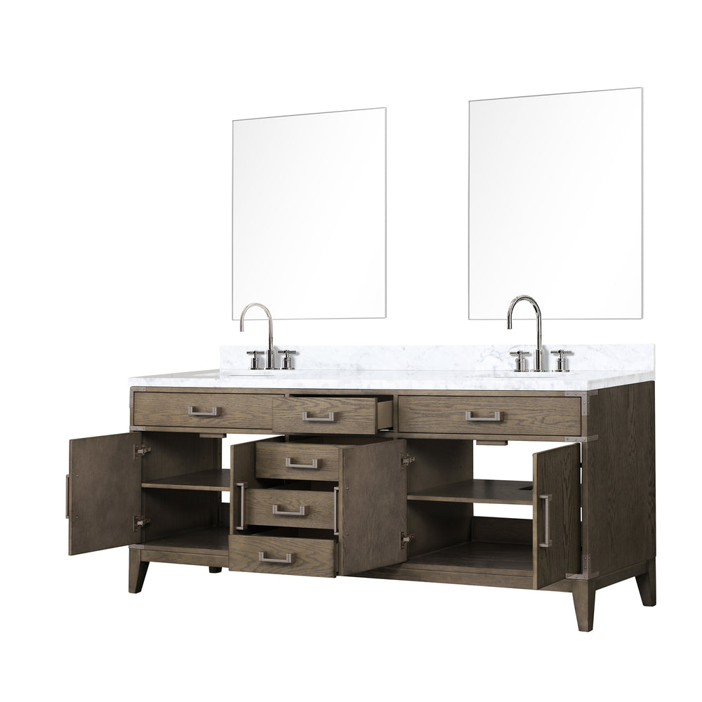 English Elm Grey Oak Double Bath Vanity Set With Carrara Marble Top, Chrome Faucets & 36" Mirrors - 80" Wide B2731S01875