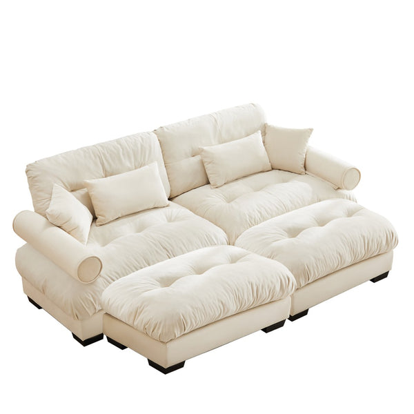 English Elm Over Size Modern Two-Seater Sofa With Ottoman - Plush Velvet, Stylish Bolster Armrests & Pillows W714S01070-GIGA
