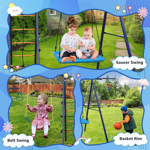 English Elm 6 in 1 Steel A-frame Backyard Swing Set with Climbing Net Trapeze Hammock and Hoop W1408P367263