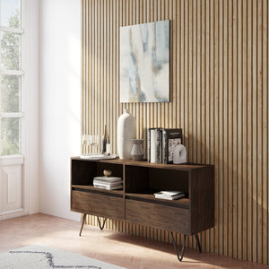 English Elm Chase Rustic Natural Aged Brown Low Bookcase – Solid Acacia Wood, 2 Open Compartments & 2 Drawers B136P160672