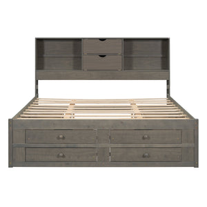 English Elm King Platform Bed with 8 Drawers Open Headboard Compartments and Pine Wood Frame Gray GX000454AAE-1