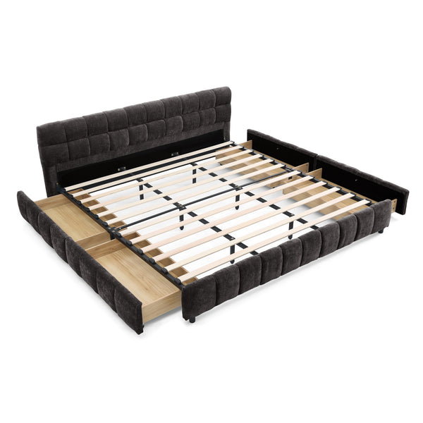 English Elm California King Platform Bed Chenille Upholstered Frame with Storage Drawers Modern Dark Gray W487S00421