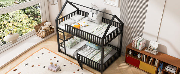 English Elm Metal Twin over Twin House Bunk Bed with Playful Roof, Sturdy Metal Frame, Quiet Support for Kids Black N709P214091B