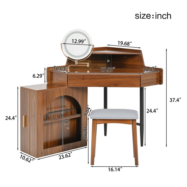 English Elm Corner Makeup Vanity Desk with 360° Rotating LED Mirror, Adjustable Brightness, L-Shaped Corner Design and Pull-Out Storage for Small Spaces Walnut N844P263663W