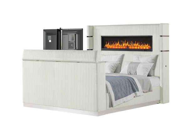 English Elm Lavish Queen Bed With Integrated Fireplace & Tv Stand - Elegant Beige Upholstery For Modern Living B009S01405