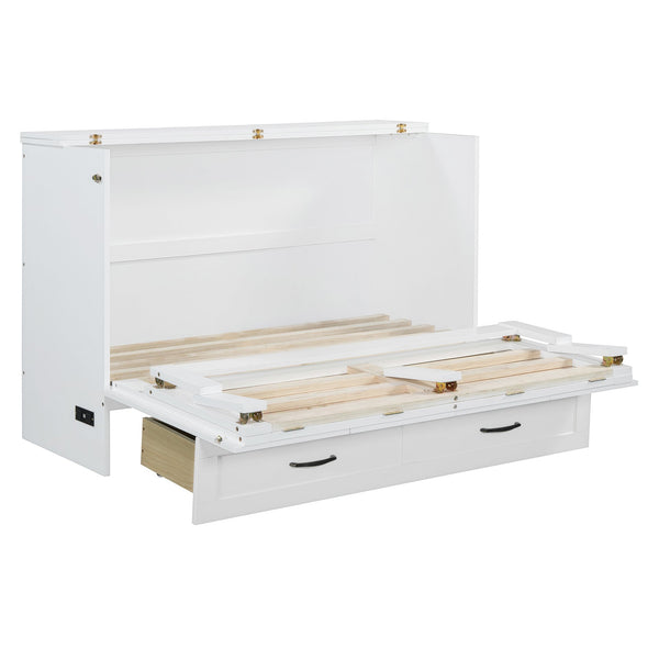 English Elm Full Size Murphy Bed Rattan Cabinet with Storage Drawers and Gold Hardware White N708S00009K
