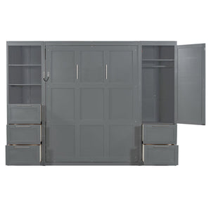 English Elm Queen Murphy Wall Bed with Wardrobe Drawers and Shelves for Studio or Guest Room Gray LP000865AAE-1