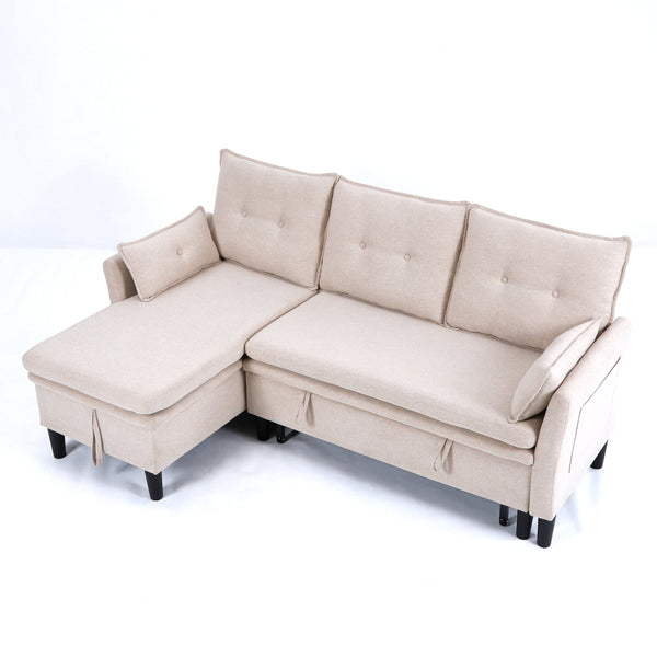 English Elm L-Shaped Reversible Chaise Sectional Sofa with Storage and Fold-Out Bed Cotton-Linen Modern Design Beige W3371S00024