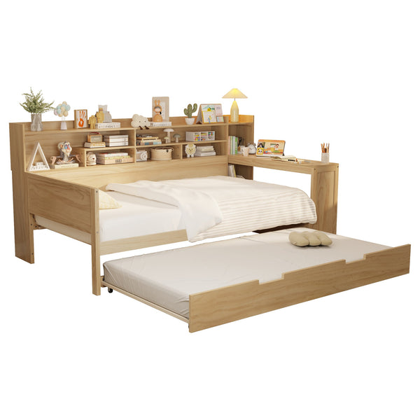 English Elm Wooden Twin Daybed with Trundle, Built-In Desk and Side Storage Shelves for Space-Saving Living Natural 54.4 L x 18 W x 5.6 H N733S242275M