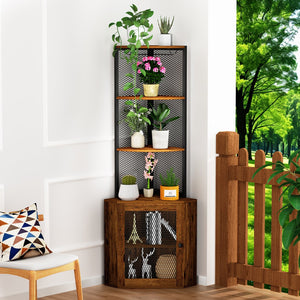 English Elm Corner 65" Corner Cabinet with Doors, 6-Tier Freestanding Storage Shelf w/Wine Rack, USB & AC Power T3177P268172