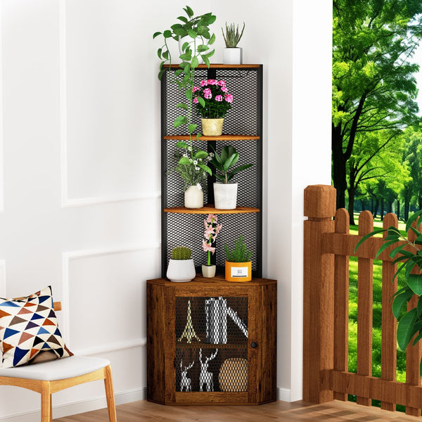 English Elm Corner 65" Corner Cabinet with Doors, 6-Tier Freestanding Storage Shelf w/Wine Rack, USB & AC Power T3177P268172
