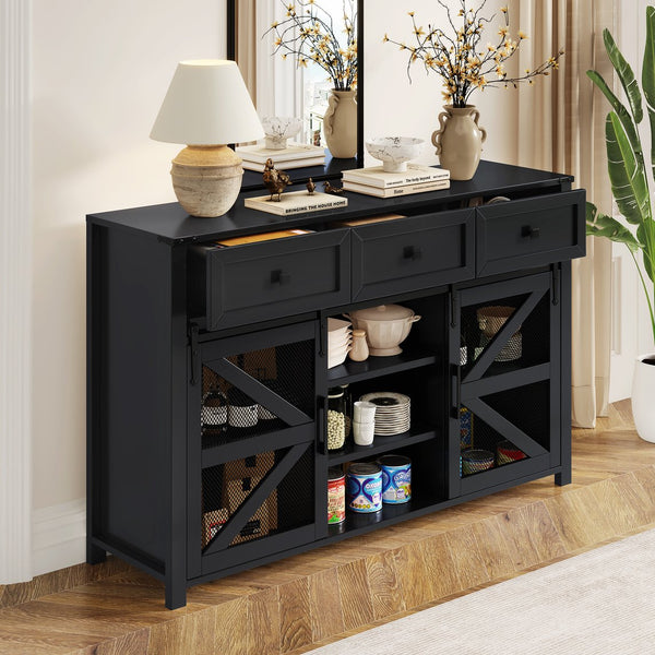 English Elm U_style Industrial Sideboard with Sliding Barn Doors Iron Mesh Panels and Three Drawers Black N711P347384B