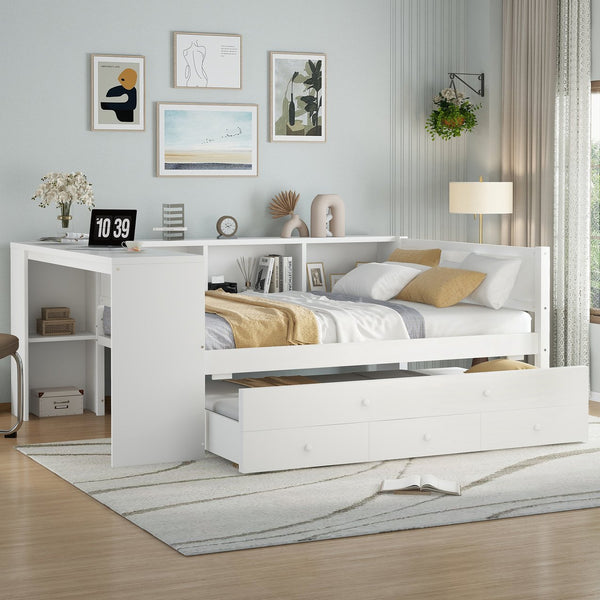 English Elm Full Size Daybed With Trundle & Desk, Solid Pine Frame, Storage Drawers, Modern White Design W1580S00205