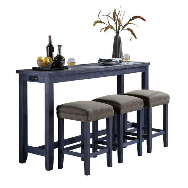 English Elm 4pc Dining Table Set 64"L with 3 Upholstered Stools Nailhead Trim USB Power Outlet Antique Blue B2741P384391
