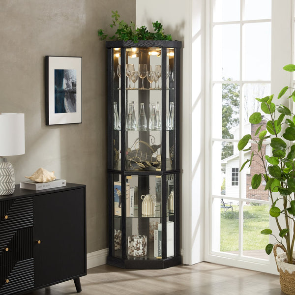 English Elm Lighted Corner Curio Cabinet Black with Built-In Lighting, Adjustable Glass Shelves, Anti-Tip Safety (90") W2275P292656