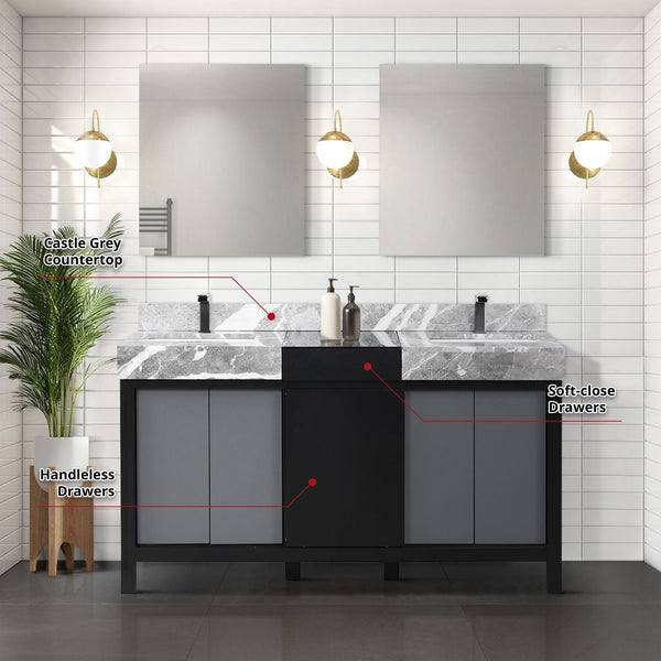 English Elm Black Double Bath Vanity 60" With Castle Grey Marble Top, Gun Metal Faucets & 28" Matching Mirrors B2731S01154