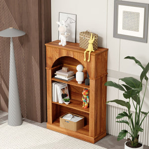 English Elm Vintage Hand-carved Solid Wood Bookcase Tall Arched Open Shelf Cabinet for Living Room W3123P485376