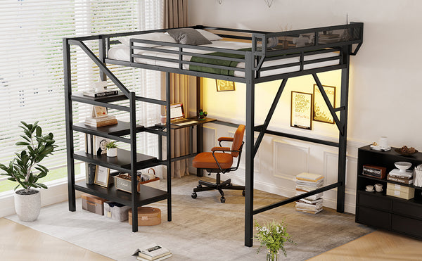 English Elm Queen Metal Loft Bed with Staircase Storage Foldable Desk and Built-in Charging W2580S00073