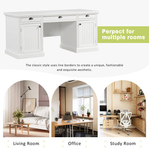 English Elm 67''Modern Executive Desk with 3 Drawers & 2 Cabinets, Spacious White MDF Workstation with Adjustable Shelves and Chic Vertical Edge Design for Home Office N751S211942K