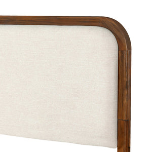 English Elm Queen Solid Acacia Platform Bed Curved Beige Upholstered Headboard Brown Oak Finish N758Q517071N
