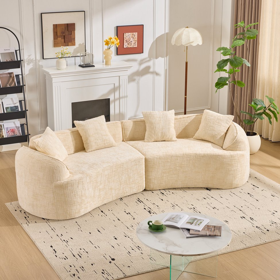 English Elm Beige Curved Compressed Sofa — Nordic Minimalist Foam & Spring Design, Soft Upholstery, Easy Setup W3612S00012