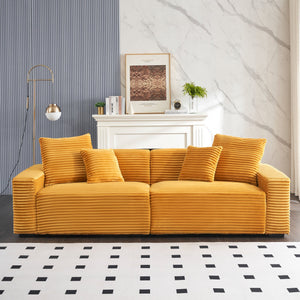 English Elm 104.72-inch 4-seat sofa with four washable throw pillows, corduroy comfort fabric, solid wood frame, 500lb capacity and modern living room style Orange W1658S00145