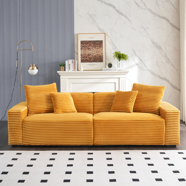 English Elm 104.72-inch 4-seat sofa with four washable throw pillows, corduroy comfort fabric, solid wood frame, 500lb capacity and modern living room style Orange W1658S00145