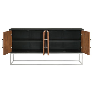 English Elm Washoe Rustic Walnut and Silver 4-Door Accent Cabinet with Metal Legs, Storage Shelves, 67"W B062P358336