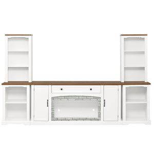 English Elm 3-piece Farmhouse Entertainment Center with Curved Cabinets Walnut Mdf Modular Living Room White N721S000068K
