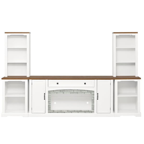 English Elm 3-piece Farmhouse Entertainment Center with Curved Cabinets Walnut Mdf Modular Living Room White N721S000068K