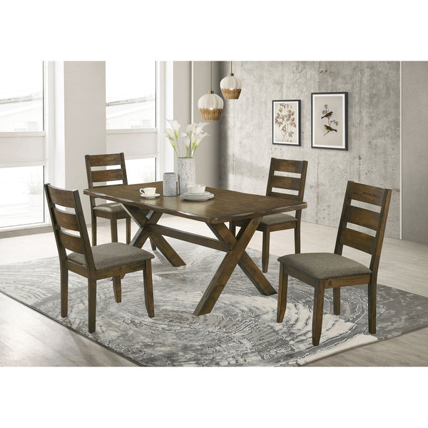 English Elm Gawain Rustic Knotty Nutmeg 5-Piece Dining Set - Trestle Table & Plush Chairs For Cozy Gatherings B062S00893