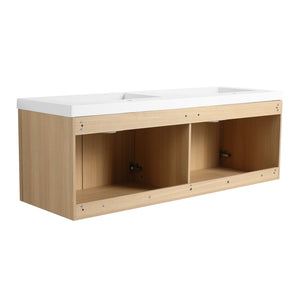 English Elm 60" 60" Wall-Mounted Bathroom Vanity with Double Resin Sink, 4 Soft-Closing Doors, Oak Finish W1972P315223