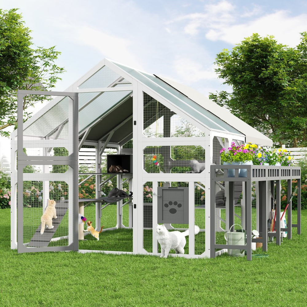 English Elm Large Walk-in Pine Wood Catio Enclosure with Platforms Resting Boxes and Planter Grey,White N704G201619K