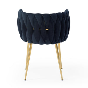 English Elm Modern Velvet Dining Chairs Set of 2 with Woven Backrest and Gold Metal Legs, Elegant Arc Design for Home Black W1117P209796