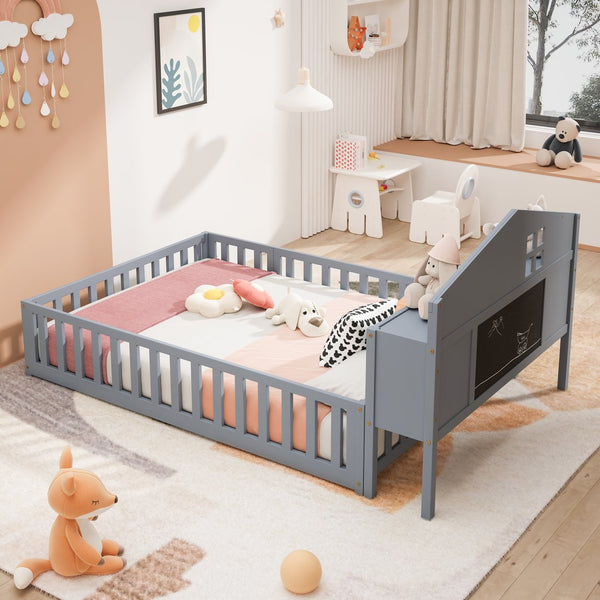 English Elm Full-size Montessori Floor Bed with Built-In Bookcase and Chalkboard, Space-Saving Solid Wood Platform for Kids Grey 56.3 L x 17.32 W x 5.31 H W1716S00013