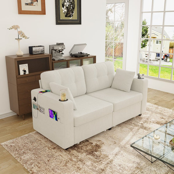 English Elm Sofas for Living Room Chenille Three Seat Couch with Usb Charging Storage and Cup Holder Beige W395S00142