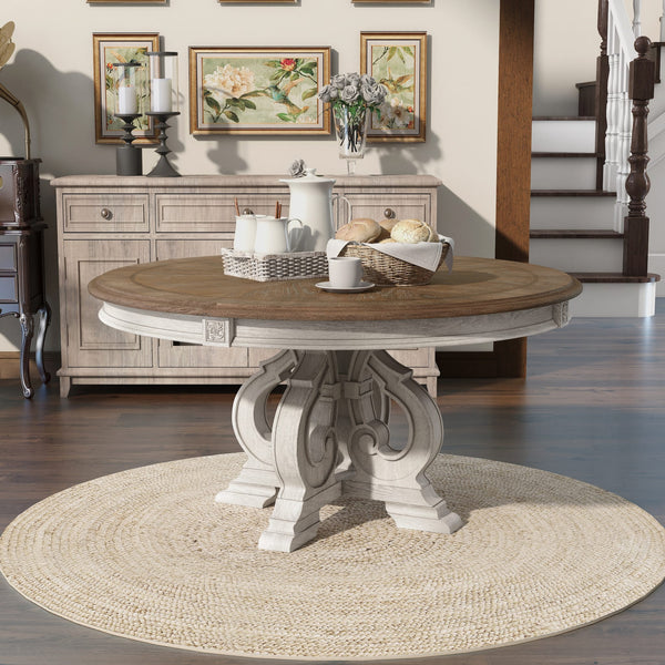 English Elm Dining Table 60 Inch Round Solid Wood Pedestal with Hand Carved Skirt and Inlay Antique White B2741P474004