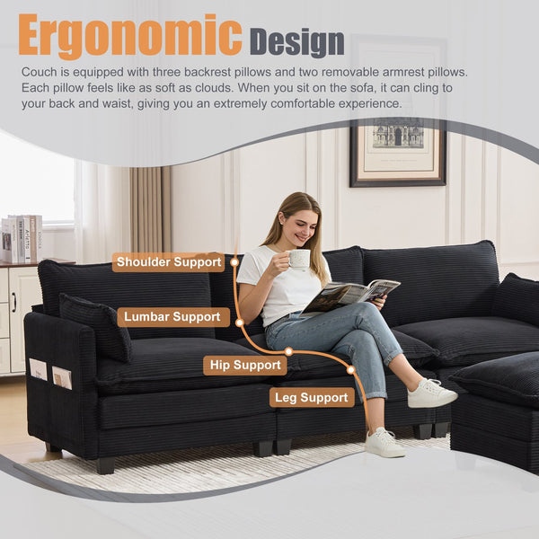 English Elm United We Win Modular Corduroy Sectional with Ottoman Low Profile Living Room Couch Black W1568S00260