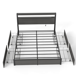 English Elm Queen Metal Platform Bed with Rgb Led Headboard Charging Station and Underbed Storage T3963P483012