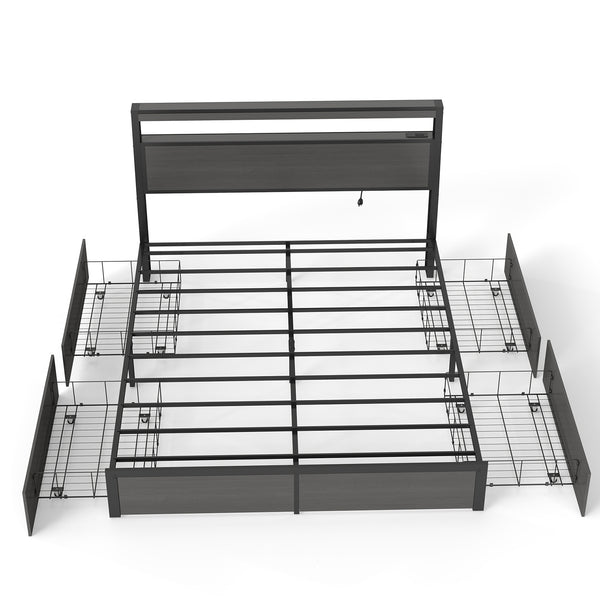English Elm Queen Metal Platform Bed with Rgb Led Headboard Charging Station and Underbed Storage T3963P483012
