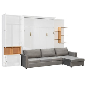 English Elm Queen Murphy Wall Bed with Velvet Sofa Built in Shelves Cabinets and Reading Lights White LP000393AAK